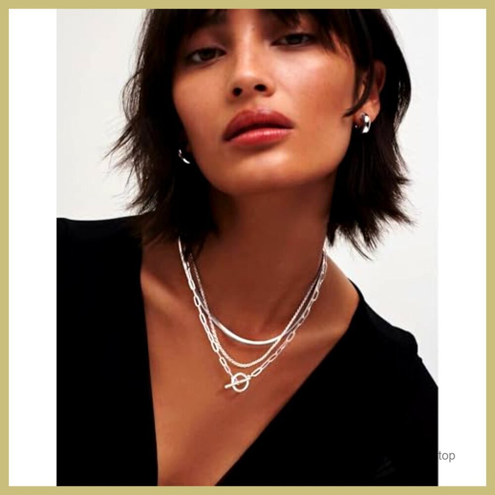 Sterling Silver Plated Chunky Layered Necklace Set Adjustable Toggle Clasp - Picture 3 of 7